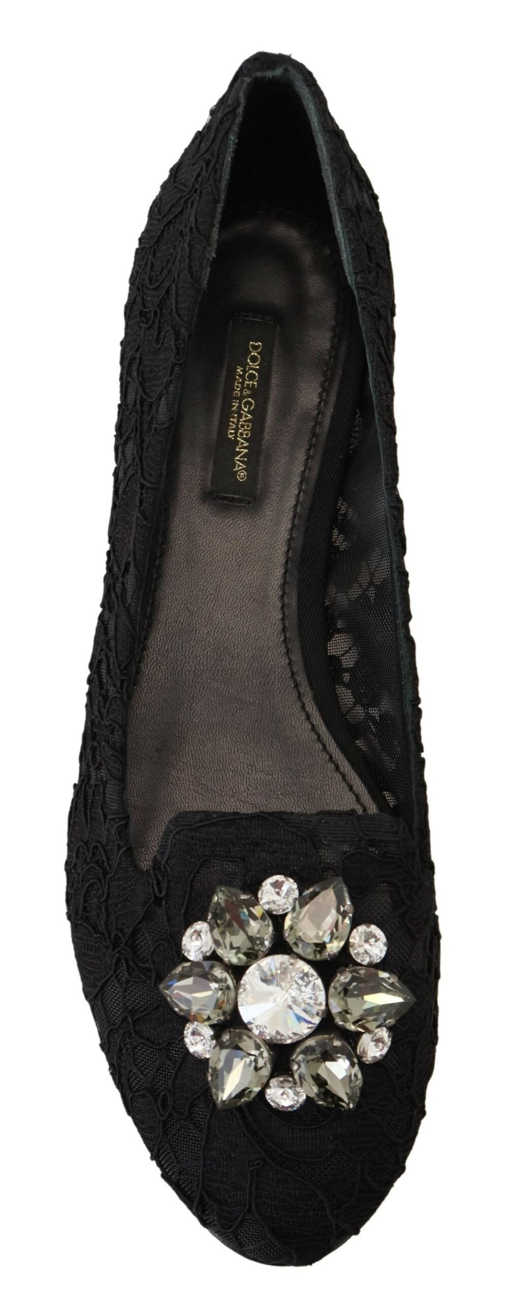 Dolce & Gabbana Black Taormina Lace Crystals Flats Shoes