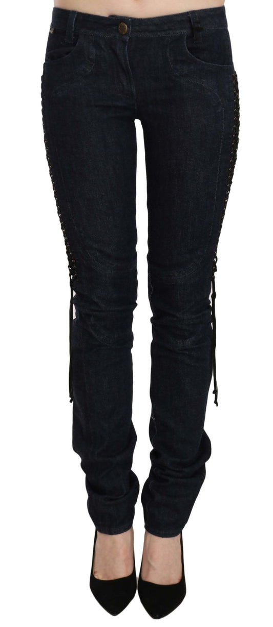 Just Cavalli Black Low Waist Skinny Trousers Braided String Pants