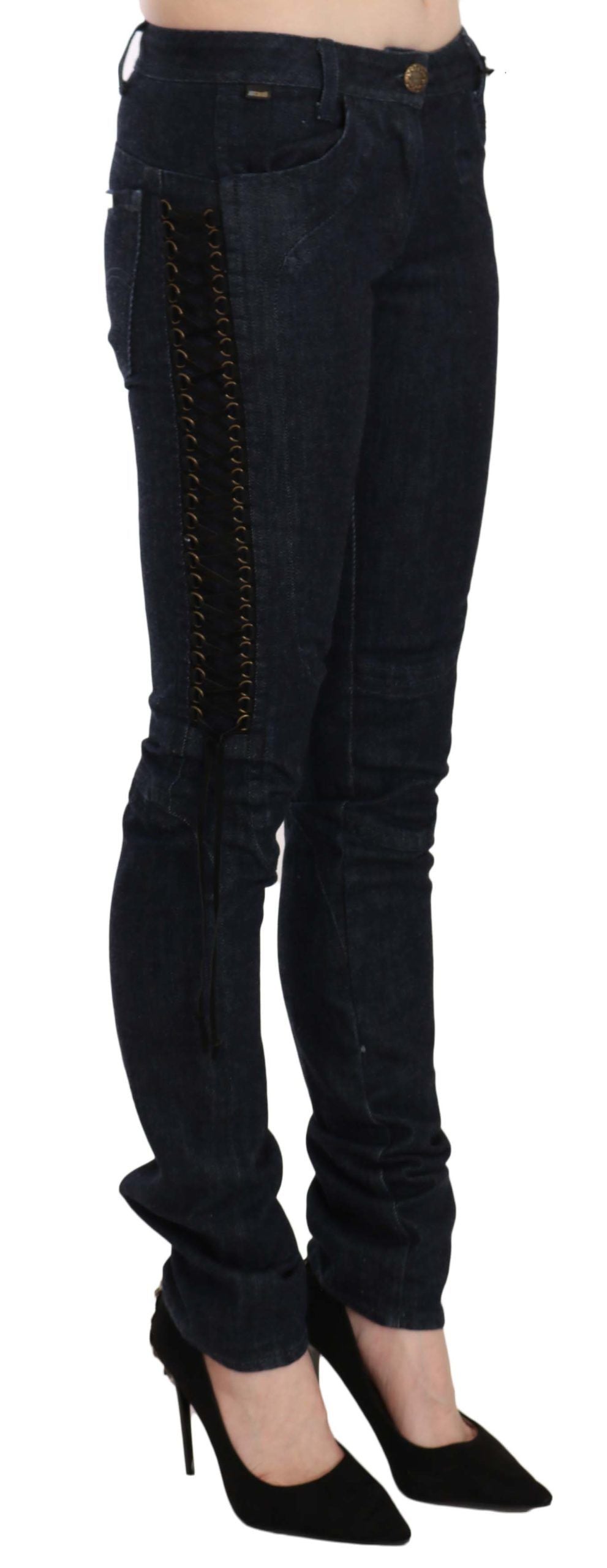 Just Cavalli Black Low Waist Skinny Trousers Braided String Pants