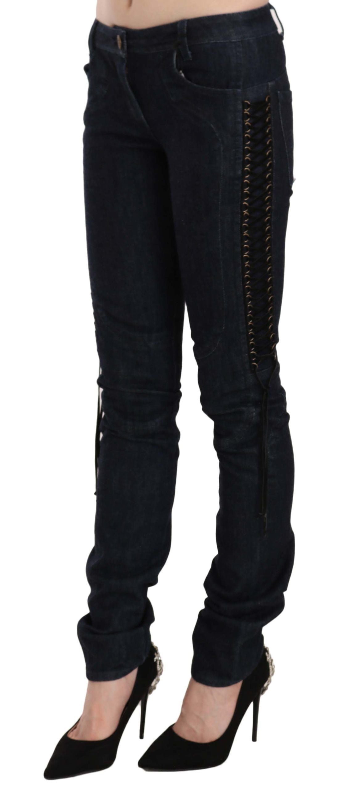 Just Cavalli Black Low Waist Skinny Trousers Braided String Pants