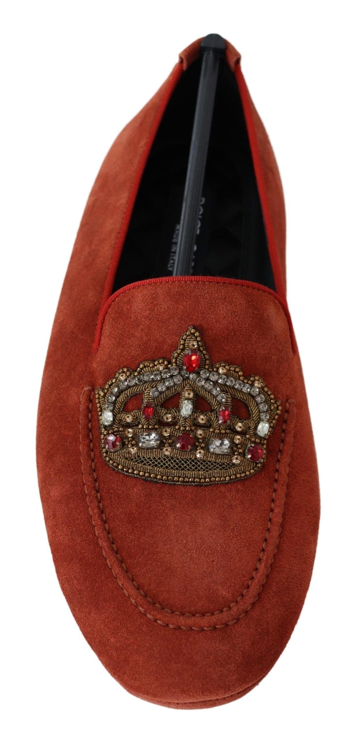 Dolce & Gabbana Orange Leather Crystal Crown  Loafers Shoes