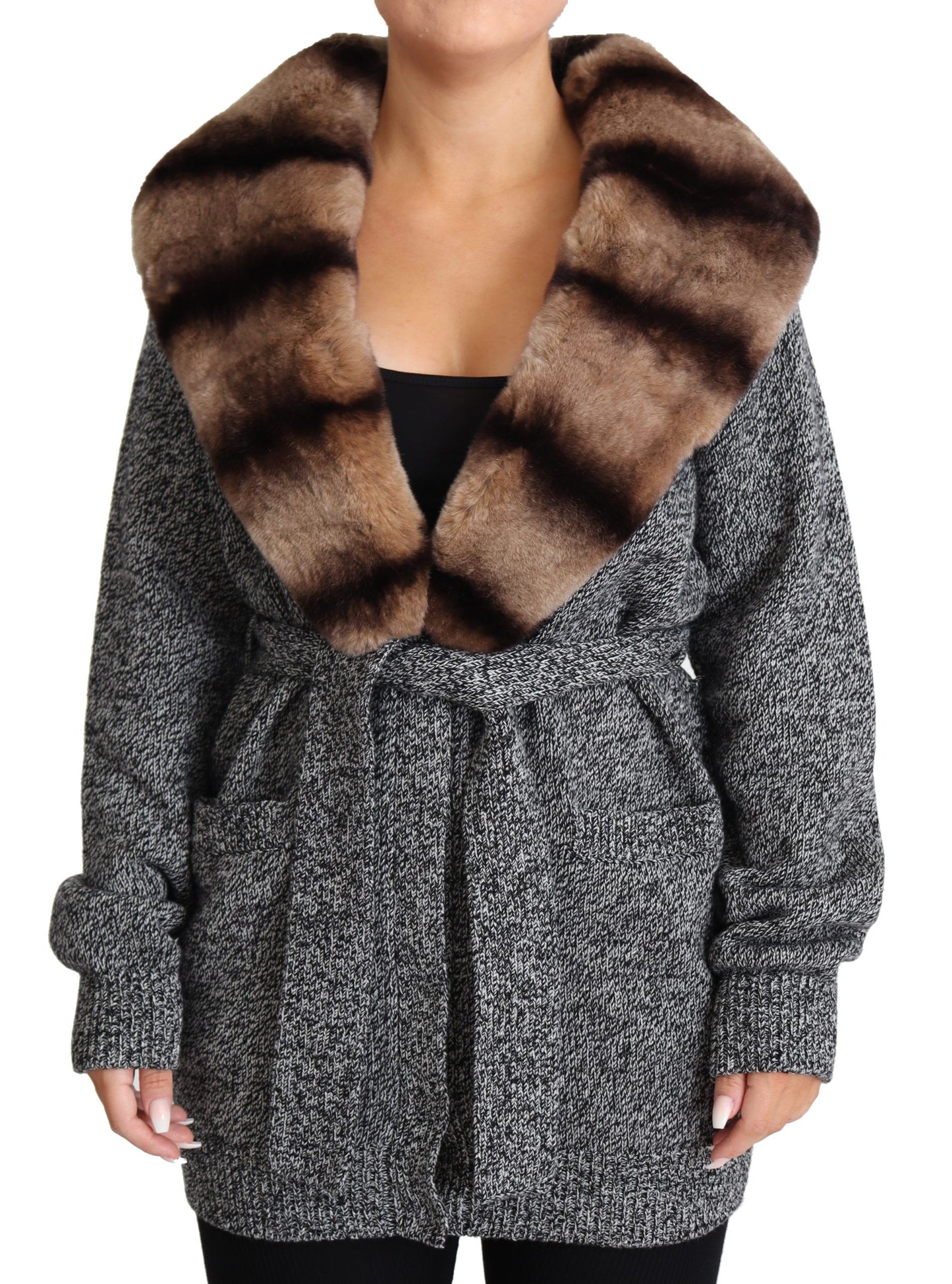 Dolce & Gabbana Gray Cardigan Fur Coat Cashmere Jacket