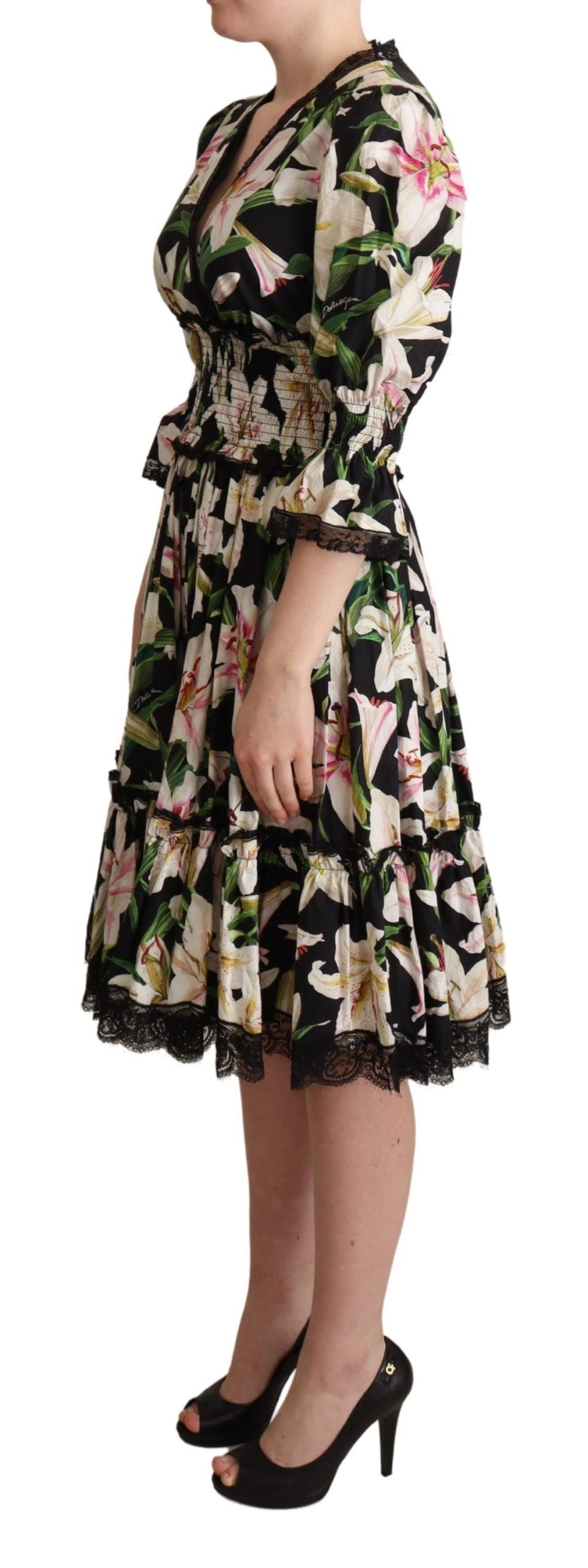 Dolce & Gabbana Black Cotton Lily Print Lace Trim Dress