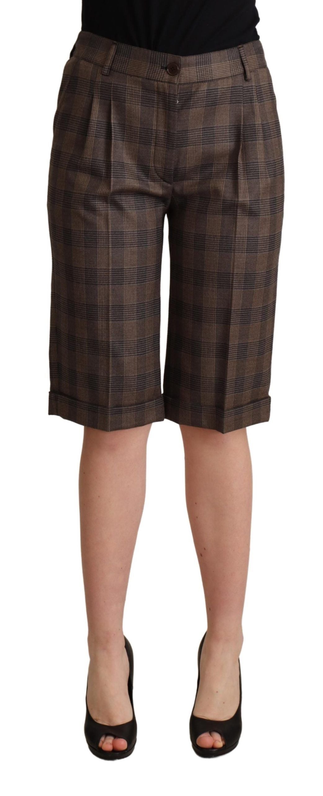 Dolce & Gabbana Brown Checkered Wool Bermuda Mid Waist Shorts