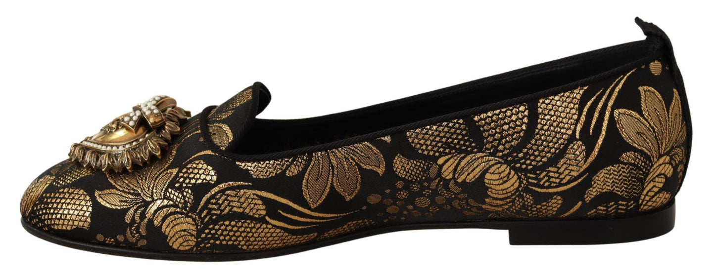 Dolce & Gabbana Black Gold Amore Heart Loafers Flats Shoes