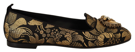 Dolce & Gabbana Black Gold Amore Heart Loafers Flats Shoes