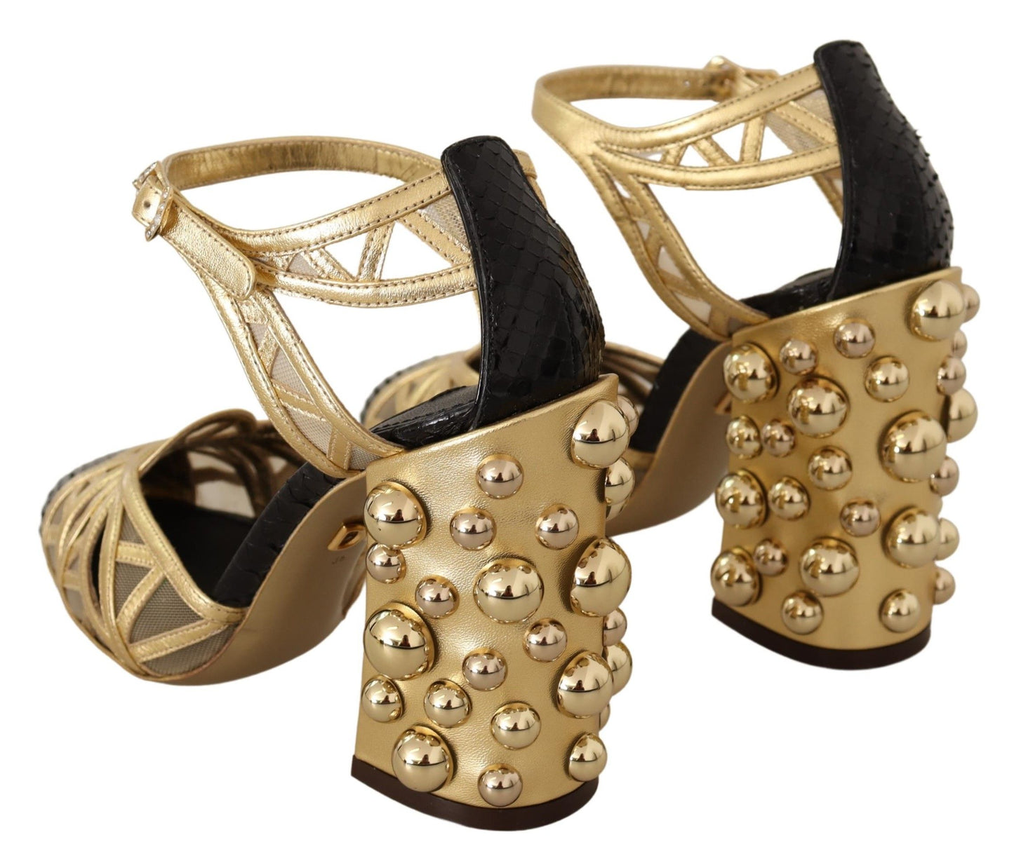 Dolce & Gabbana Black Gold Leather Studded Ankle Straps Shoes