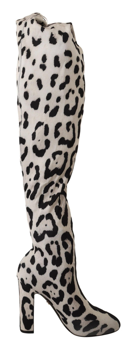 Dolce & Gabbana White Black Leopard Stretch Long Boots