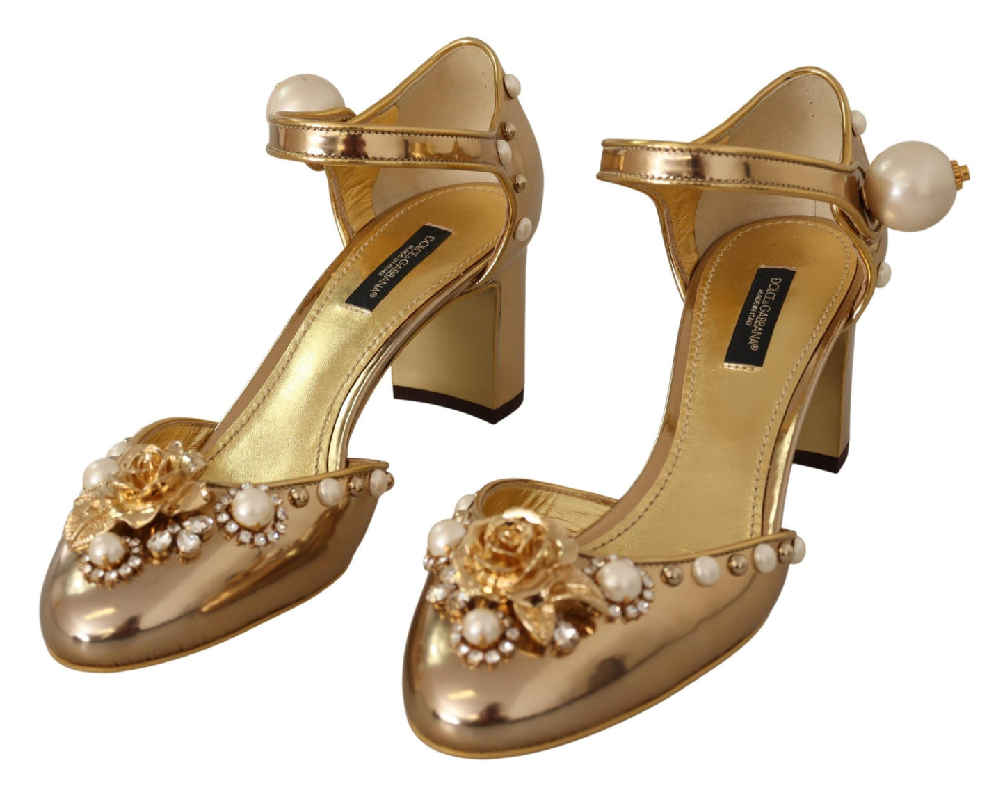 Dolce & Gabbana Gold Leather Studded Crystal Ankle Strap Shoes