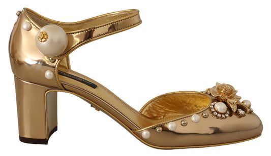 Dolce & Gabbana Gold Leather Studded Crystal Ankle Strap Shoes