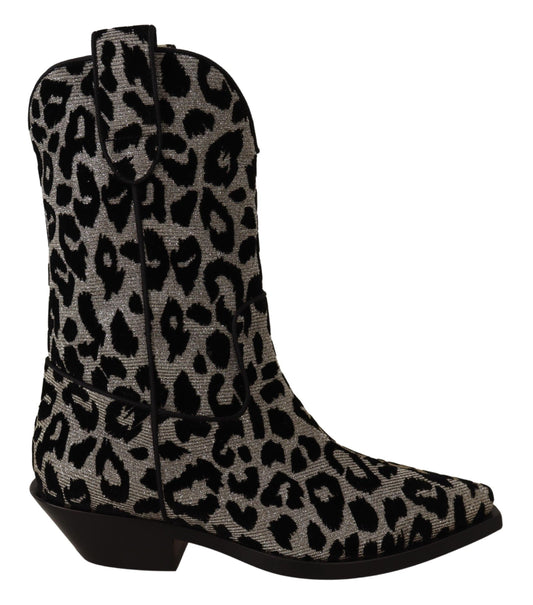 Dolce & Gabbana Gray Black Leopard Cowboy Boots Shoes