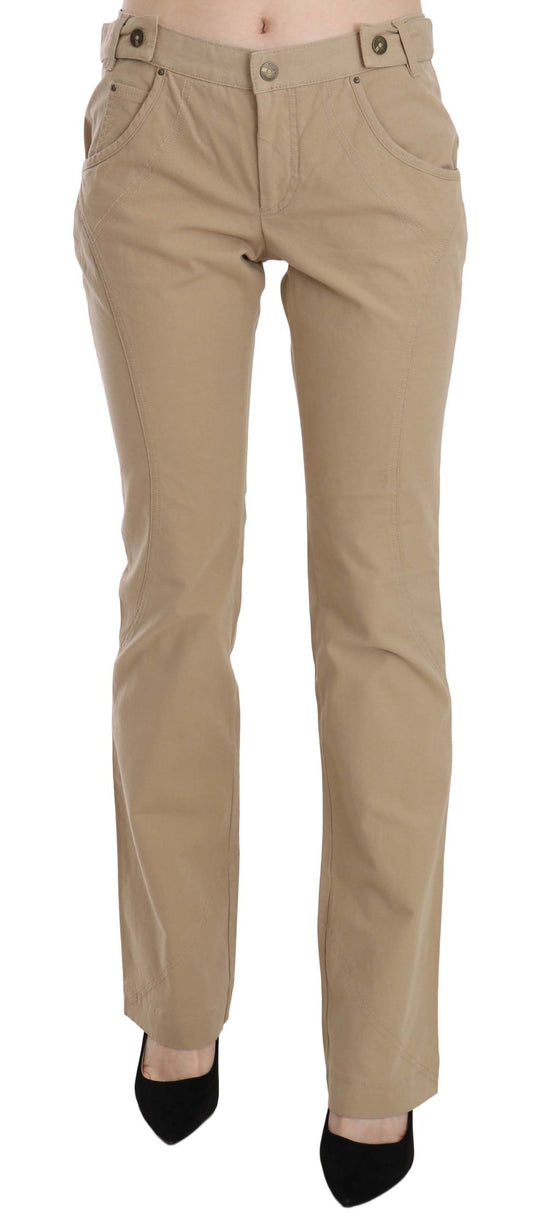 Just Cavalli Beige Cotton Mid Waist Straight Trousers Pants