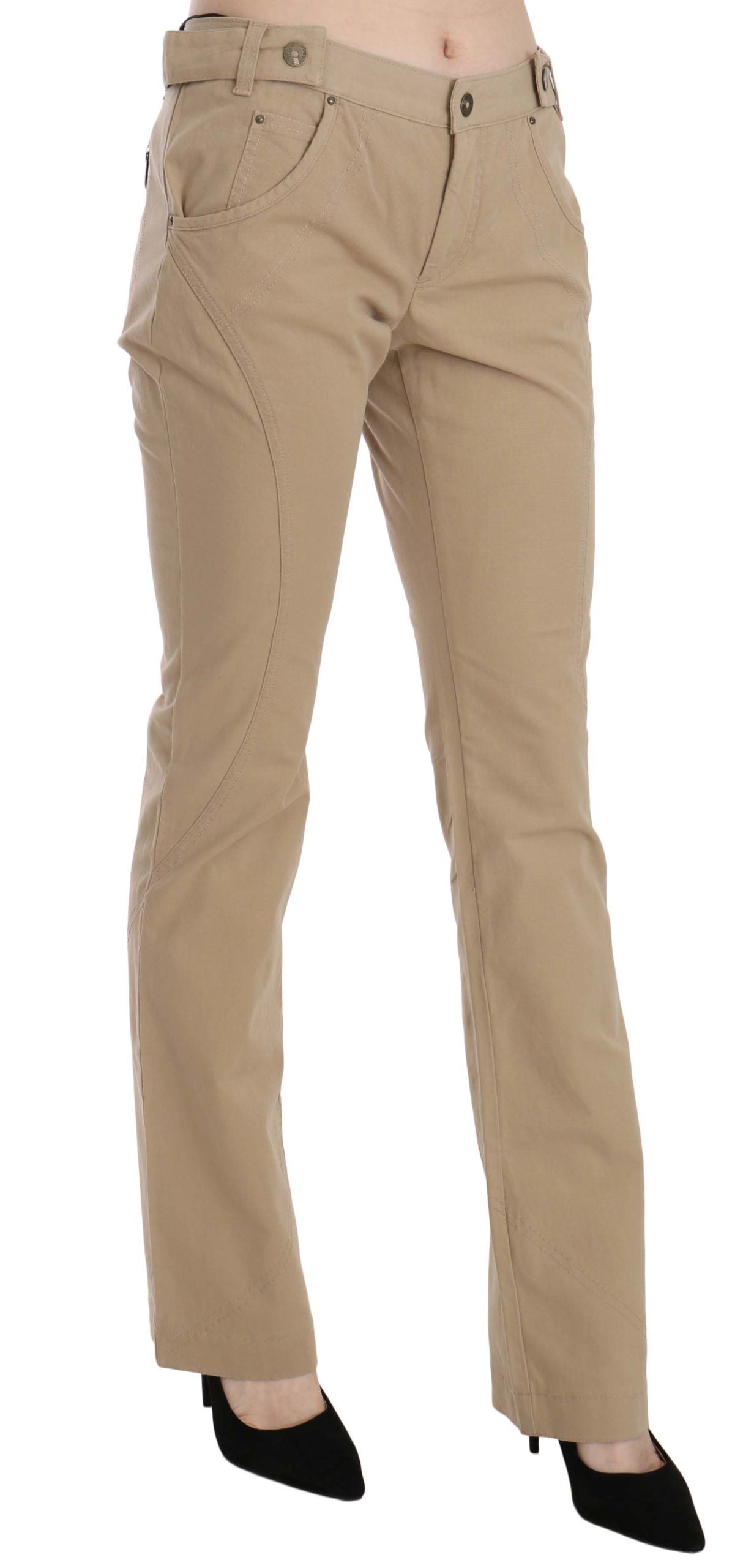 Just Cavalli Beige Cotton Mid Waist Straight Trousers Pants