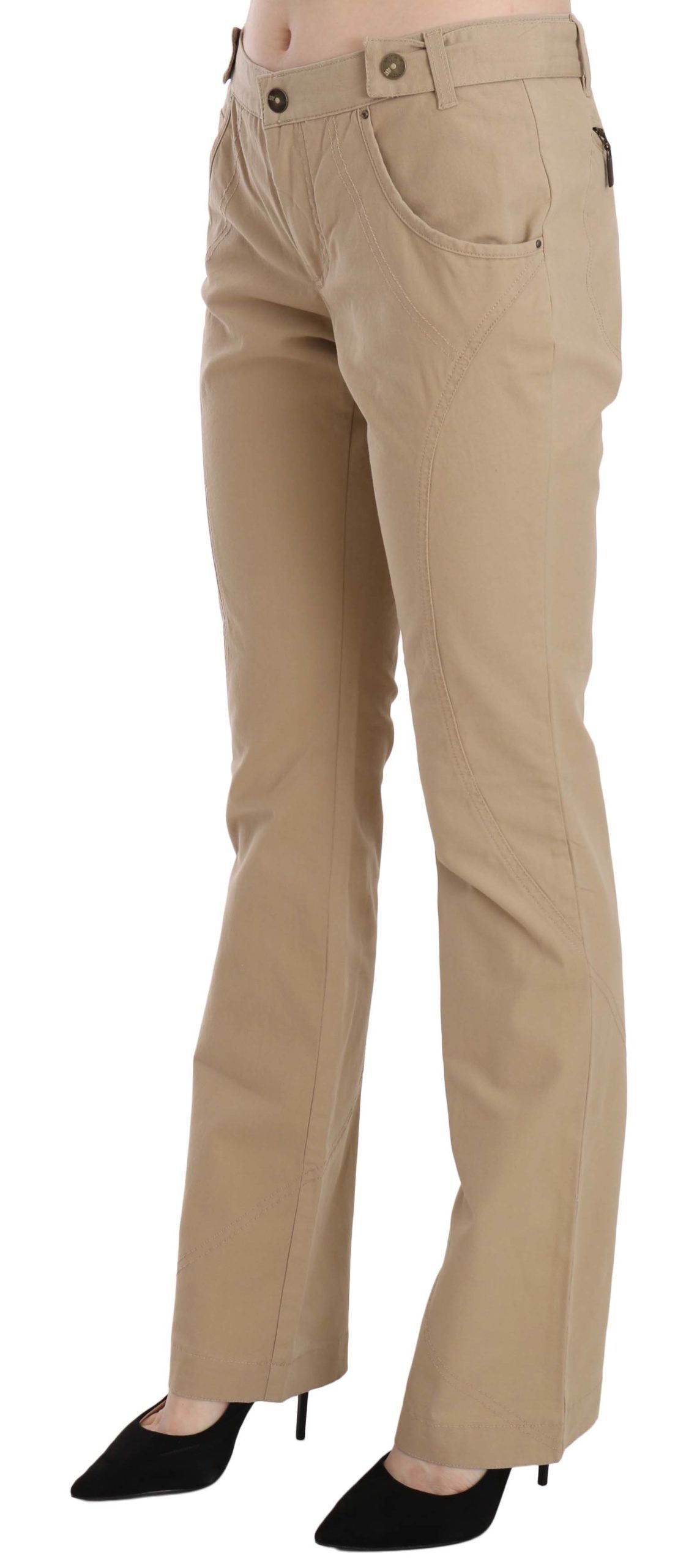 Just Cavalli Beige Cotton Mid Waist Straight Trousers Pants