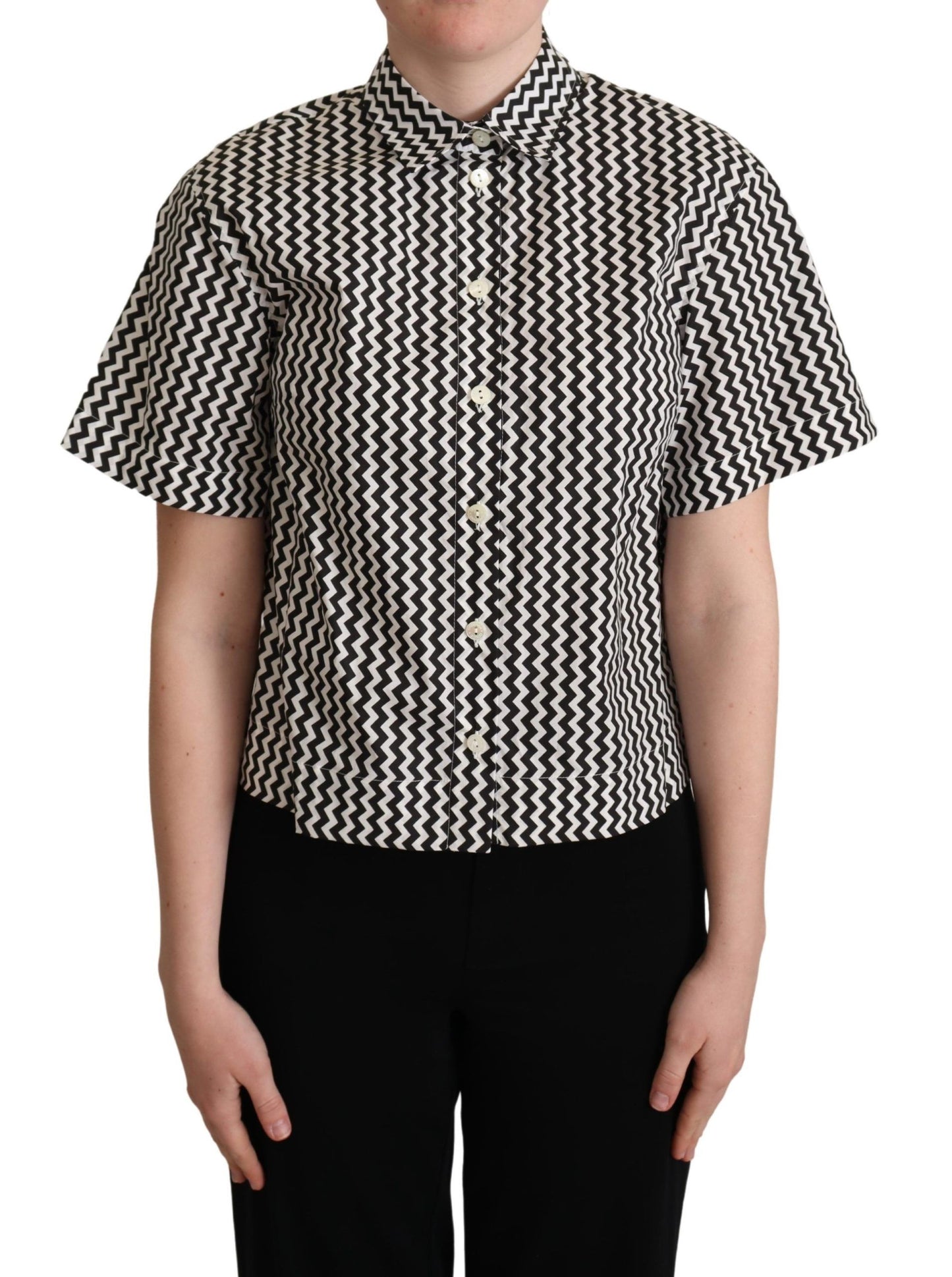 Dolce & Gabbana Black White Zigzag Collar Cotton Top Shirt