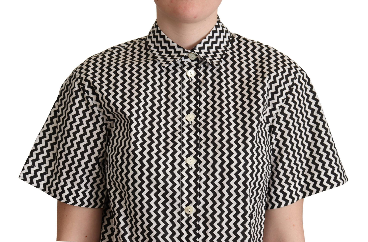 Dolce & Gabbana Black White Zigzag Collar Cotton Top Shirt