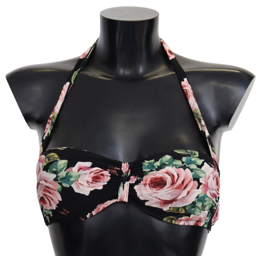 Dolce & Gabbana Black Roses Print Swimsuit Beachwear Bikini Tops