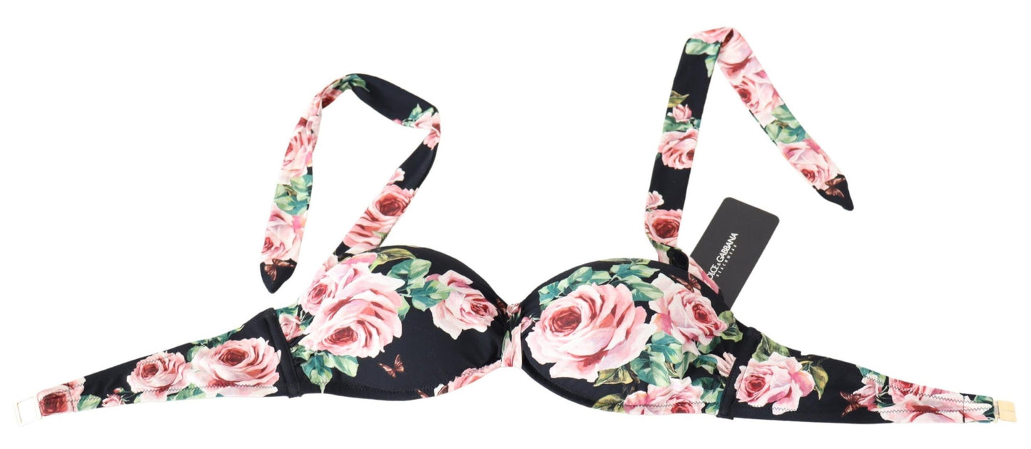 Dolce & Gabbana Black Roses Print Swimsuit Beachwear Bikini Tops