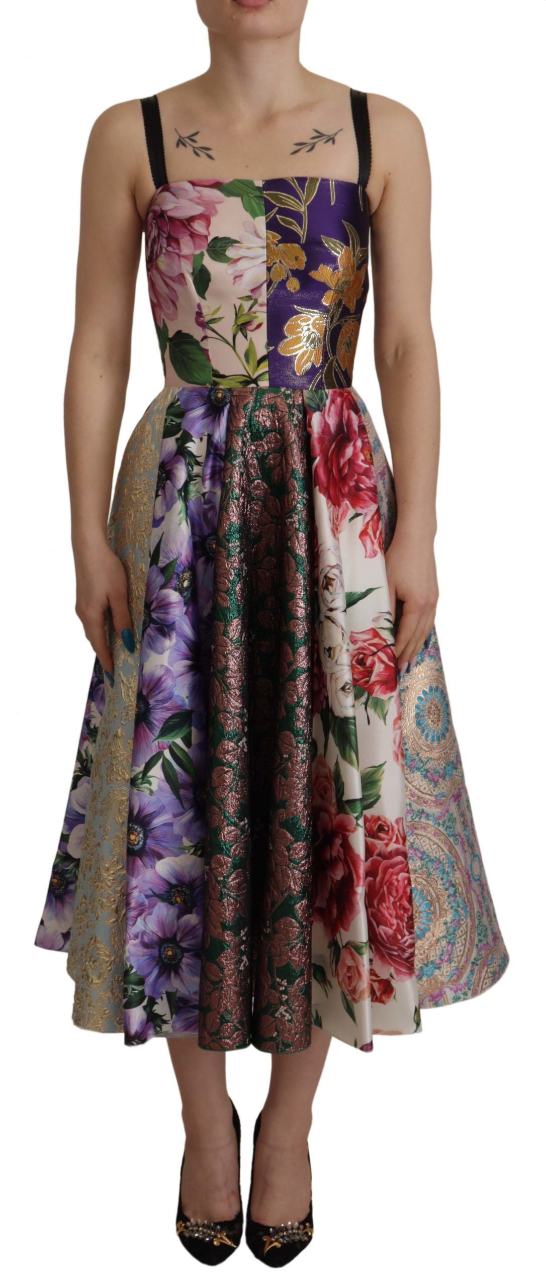 Dolce & Gabbana Multicolor Pachwork Print Floral Jaquard Silk Midi  Dress