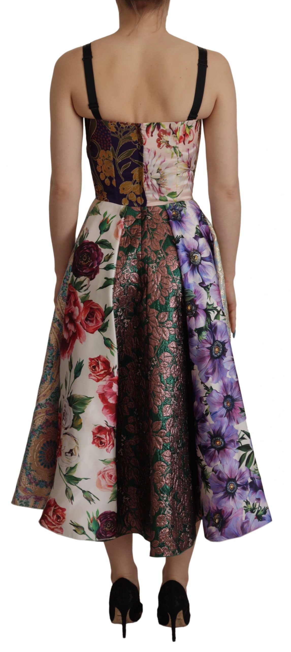 Dolce & Gabbana Multicolor Pachwork Print Floral Jaquard Silk Midi  Dress