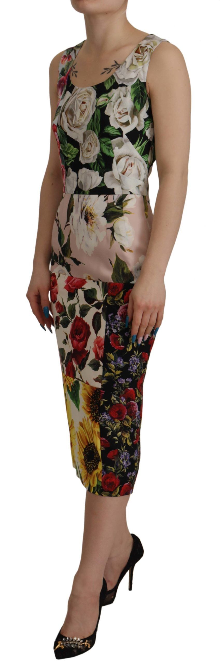 Dolce & Gabbana Multicolor Floral Sheath Midi Silk Dress