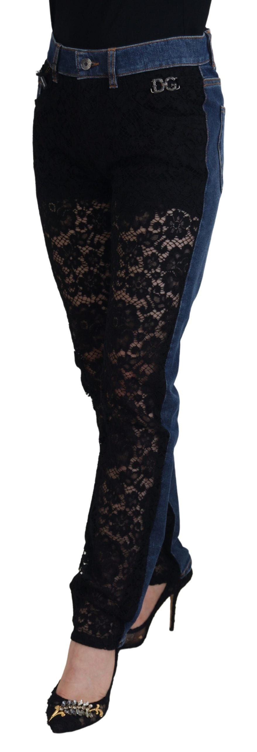 Dolce & Gabbana Black Floral Lace Front Skinny Denim Jeans