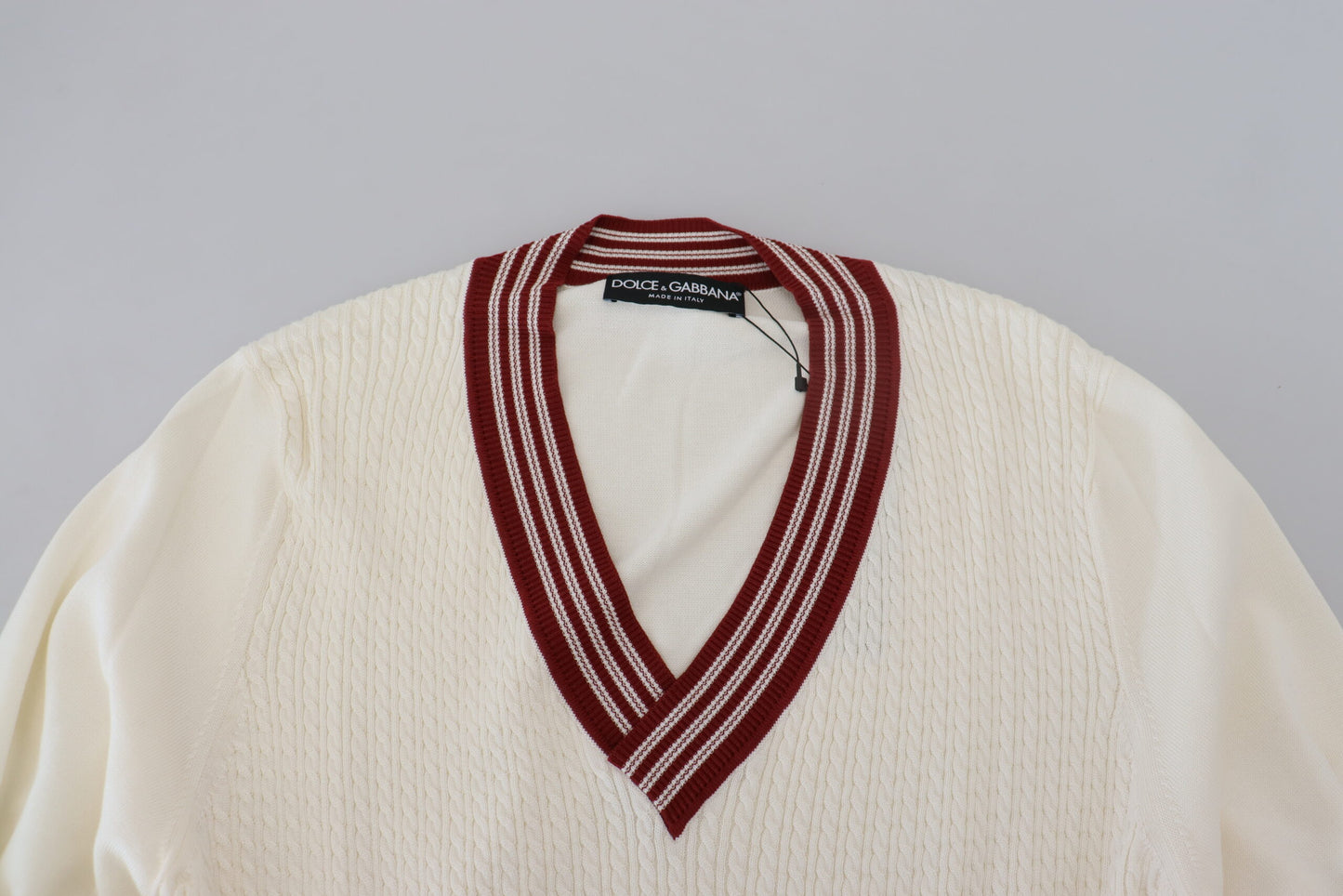 Dolce & Gabbana White Red Knitted V-neck Pullover Sweater