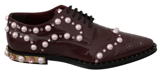 Dolce & Gabbana Bordeaux Leather Crystal Pearls Formal Shoes