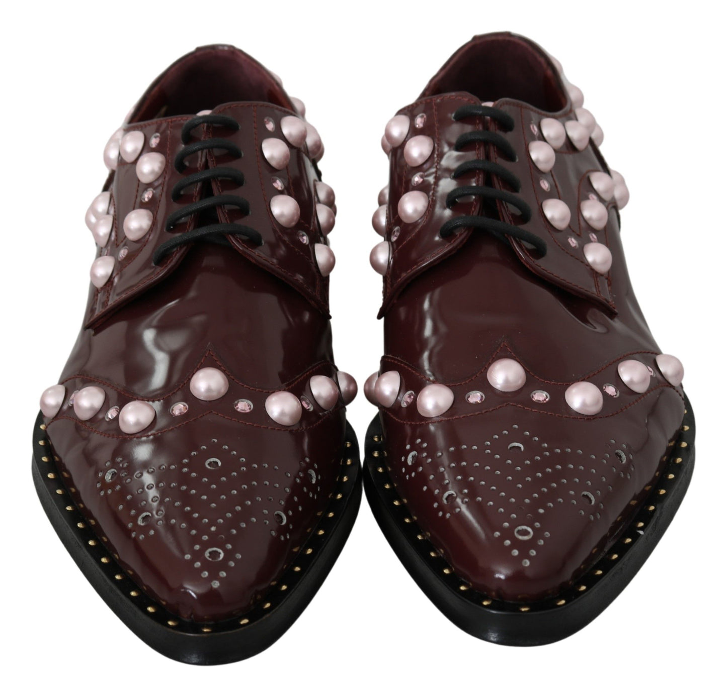 Dolce & Gabbana Bordeaux Leather Crystal Pearls Formal Shoes