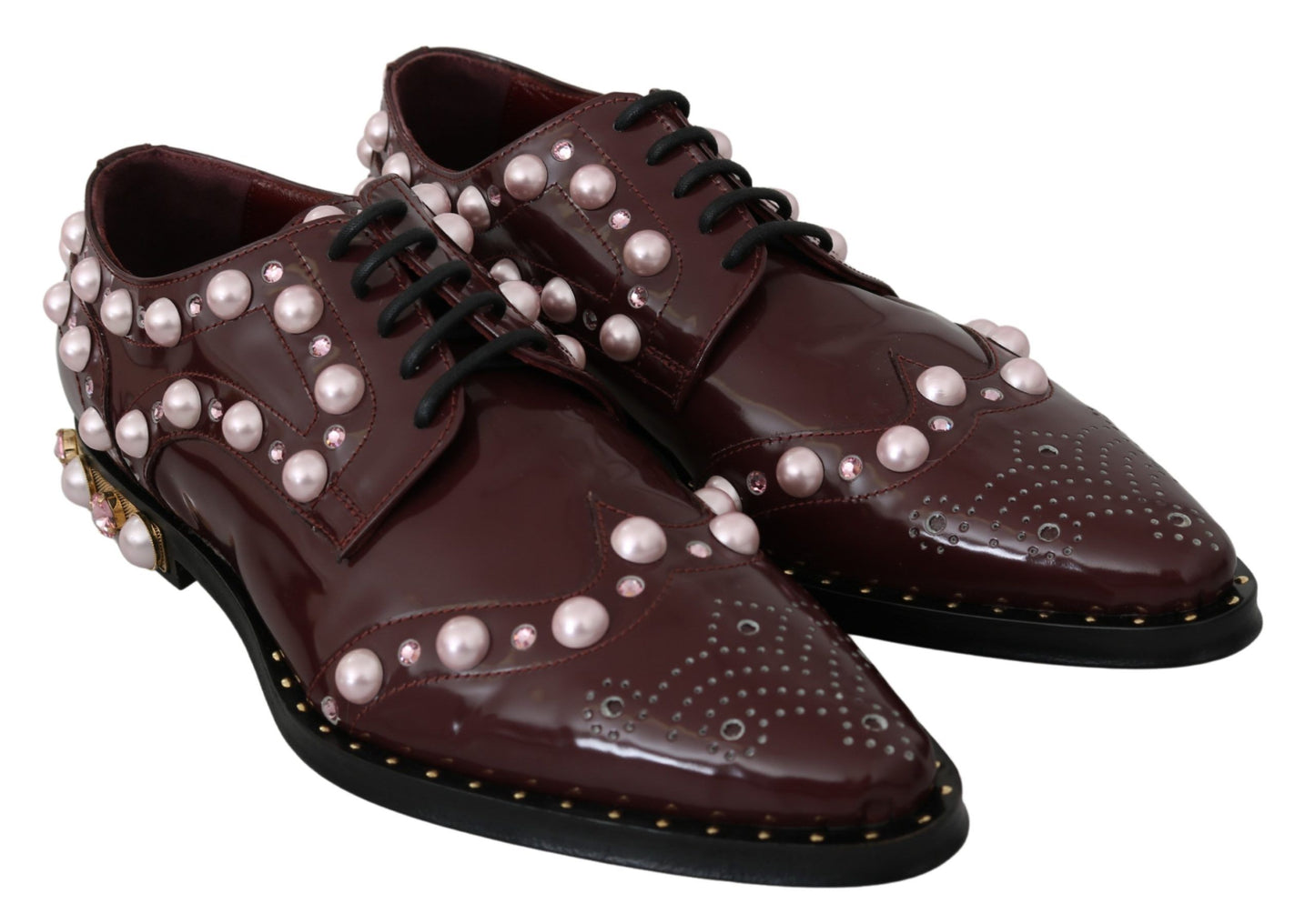 Dolce & Gabbana Bordeaux Leather Crystal Pearls Formal Shoes