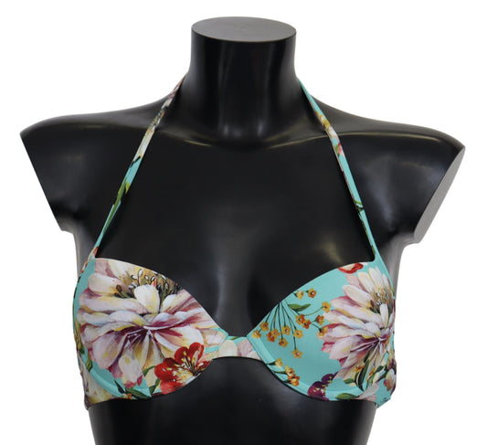 Dolce & Gabbana Mint Green Floral Print Beachwear Bikini Tops