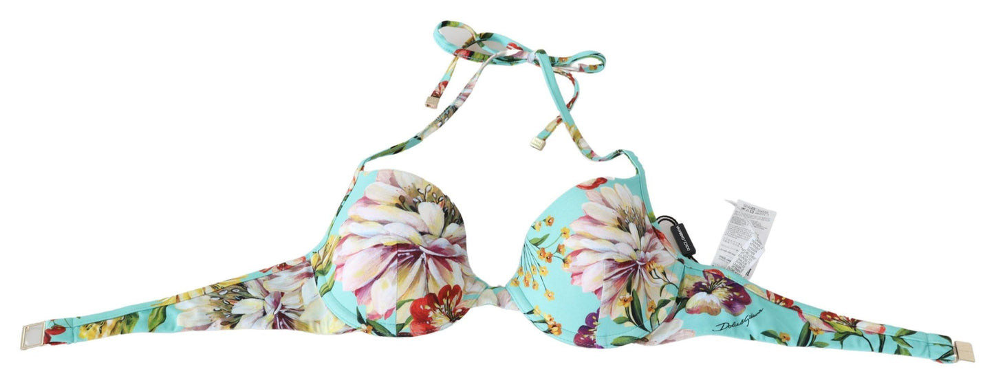 Dolce & Gabbana Mint Green Floral Print Beachwear Bikini Tops