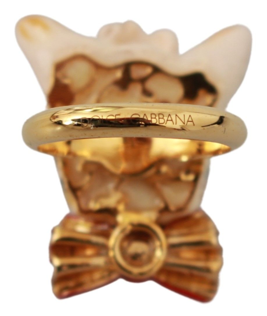 Dolce & Gabbana Gold Brass Resin Beige Dog Pet Branded Accessory Ring