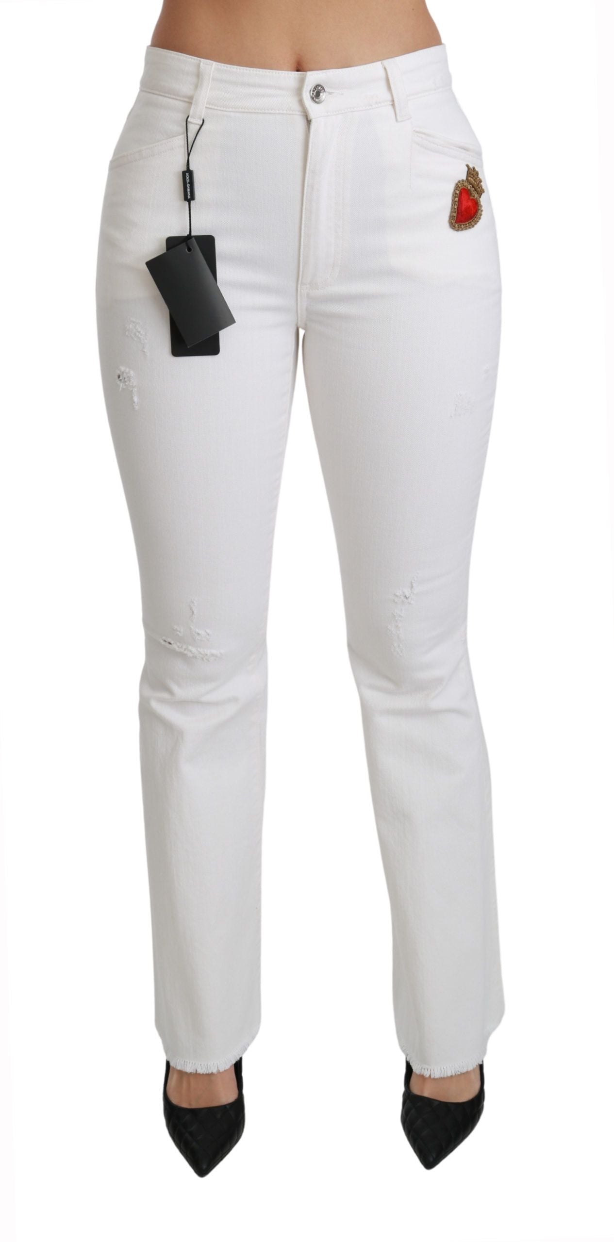 Dolce & Gabbana White Heart Flared Stretch Cotton Pants