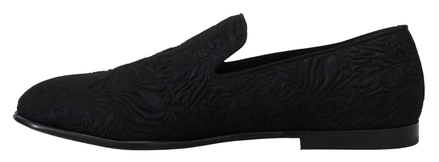 Dolce & Gabbana Black Floral Jacquard Slippers Loafers Shoes