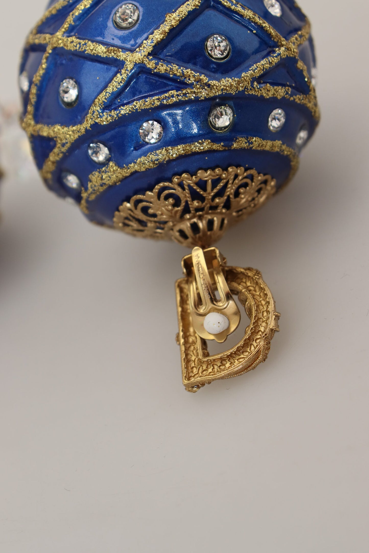 Dolce & Gabbana Gold Brass Blue Dangle Ball Crystal Clip On Earrings