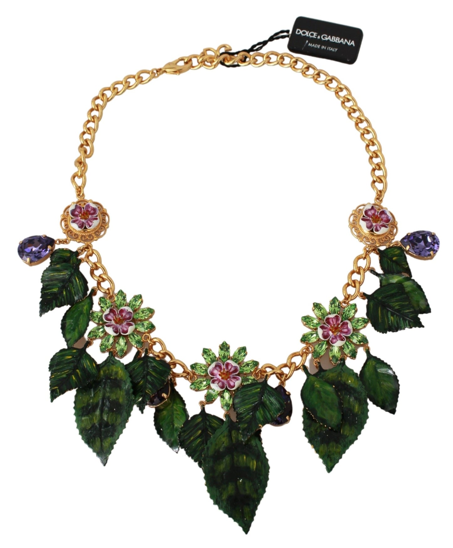 Dolce & Gabbana Floral Crystal Charm Gold Brass Statement Necklace