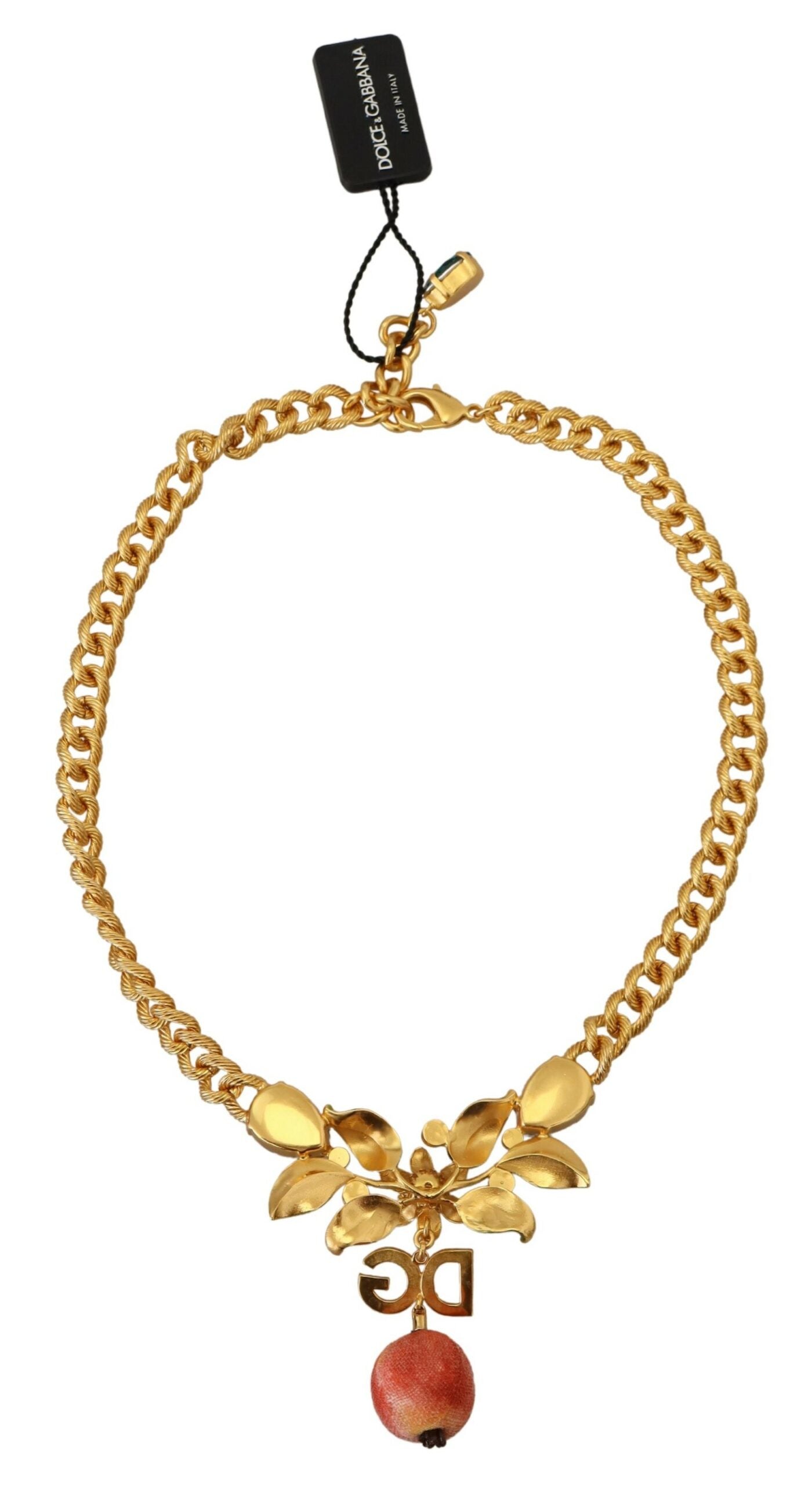 Dolce & Gabbana Gold Brass Crystal Logo Fruit Floral Statement Necklace