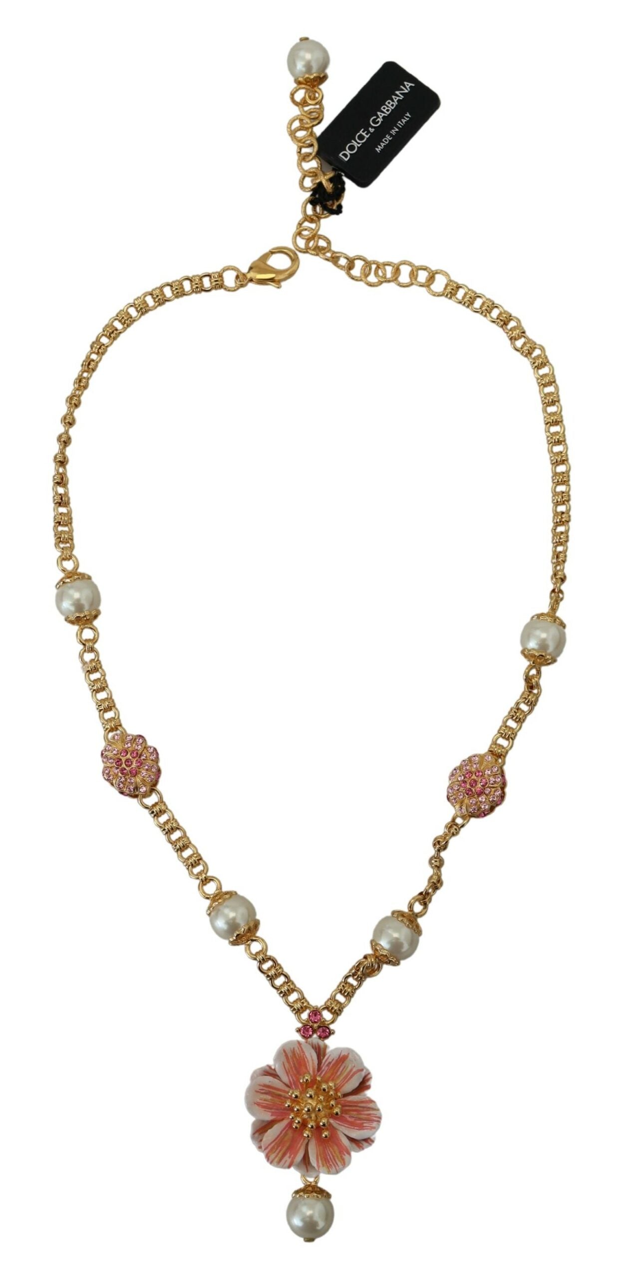 Dolce & Gabbana Gold Tone Floral Crystals Pink Embellished Necklace