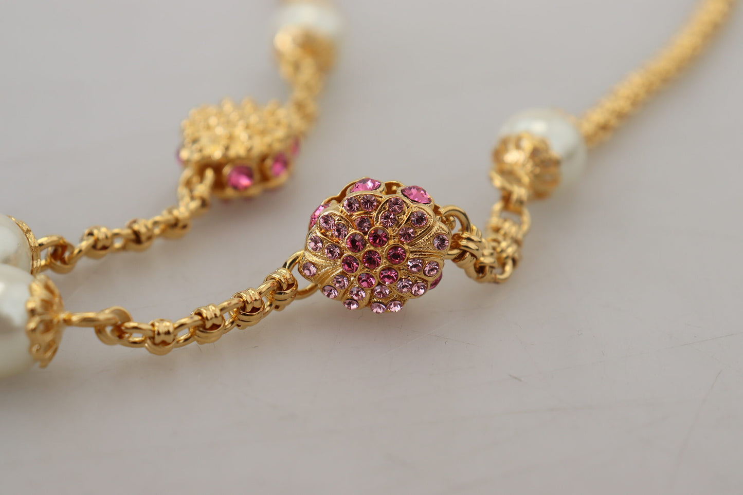 Dolce & Gabbana Gold Tone Floral Crystals Pink Embellished Necklace