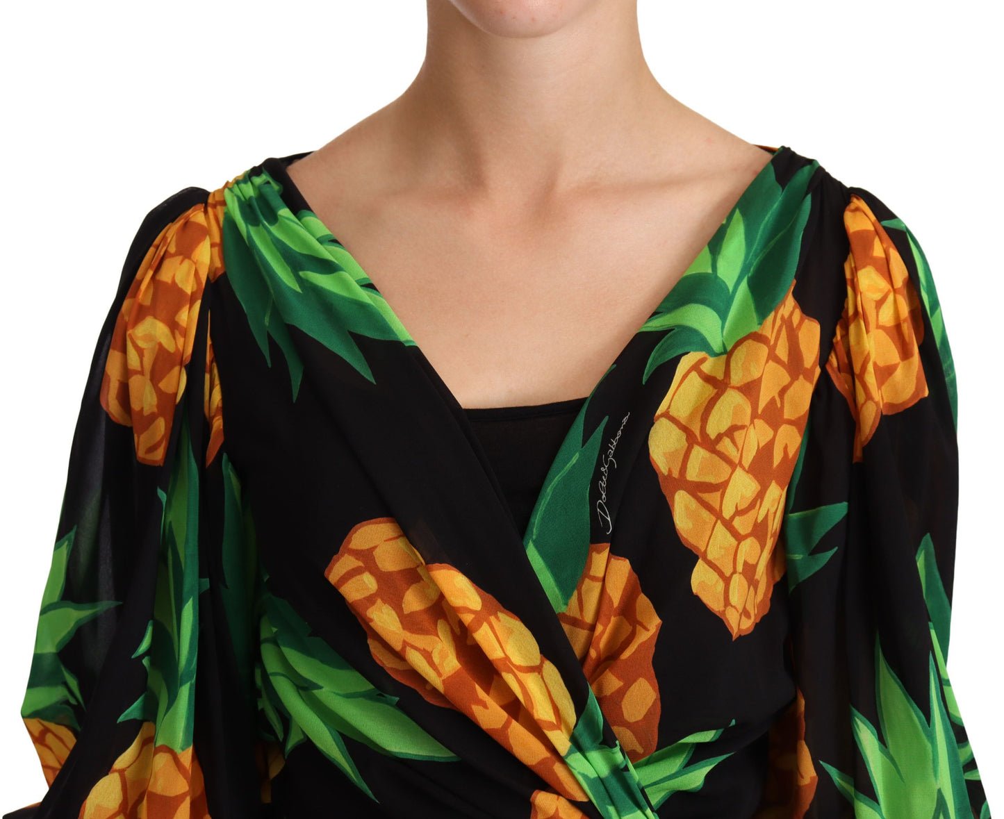 Dolce & Gabbana Black Ananas Print Wrap Stretch Silk Dress