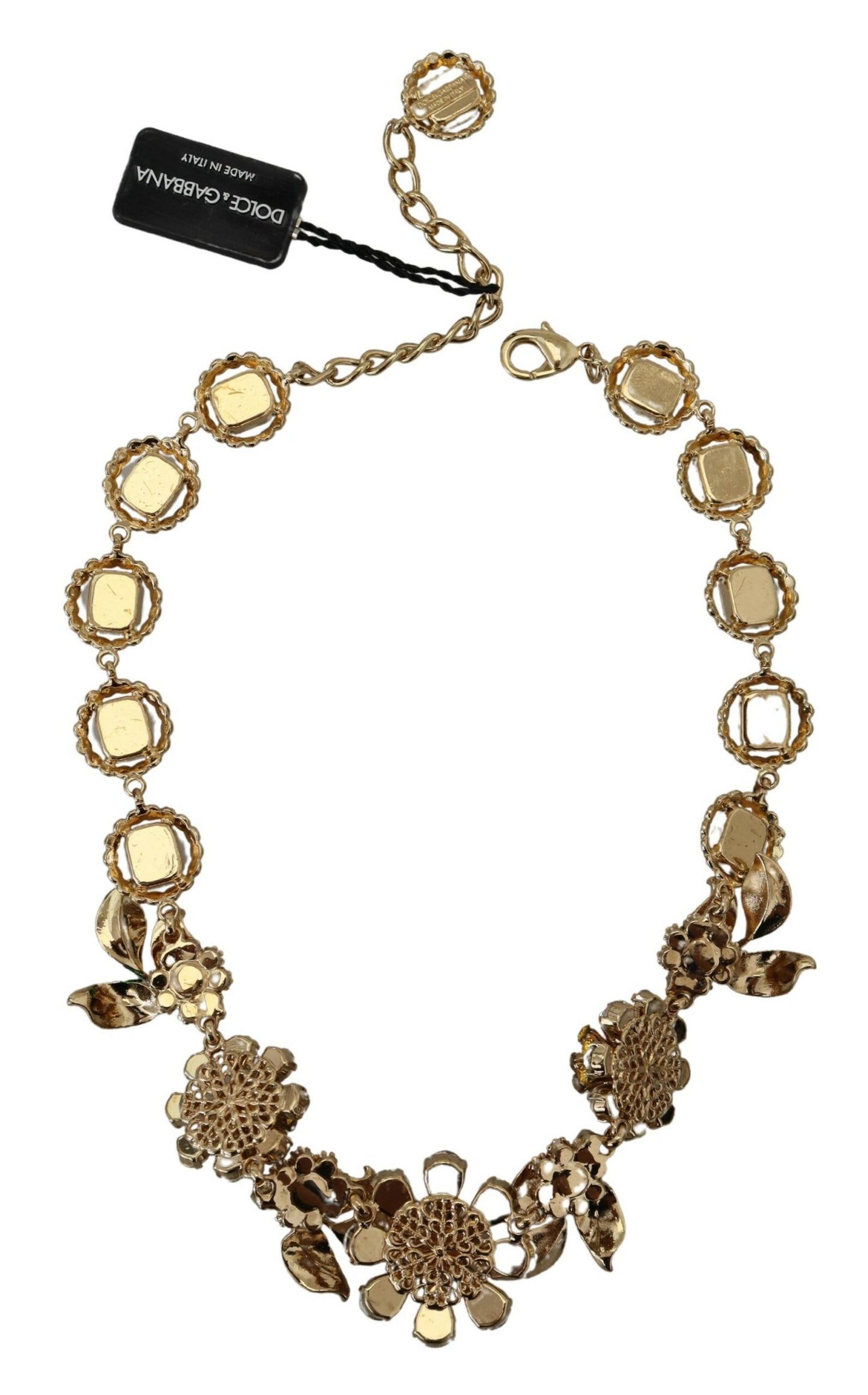 Dolce & Gabbana Gold Brass Crystal Logo Floral Statement Necklace