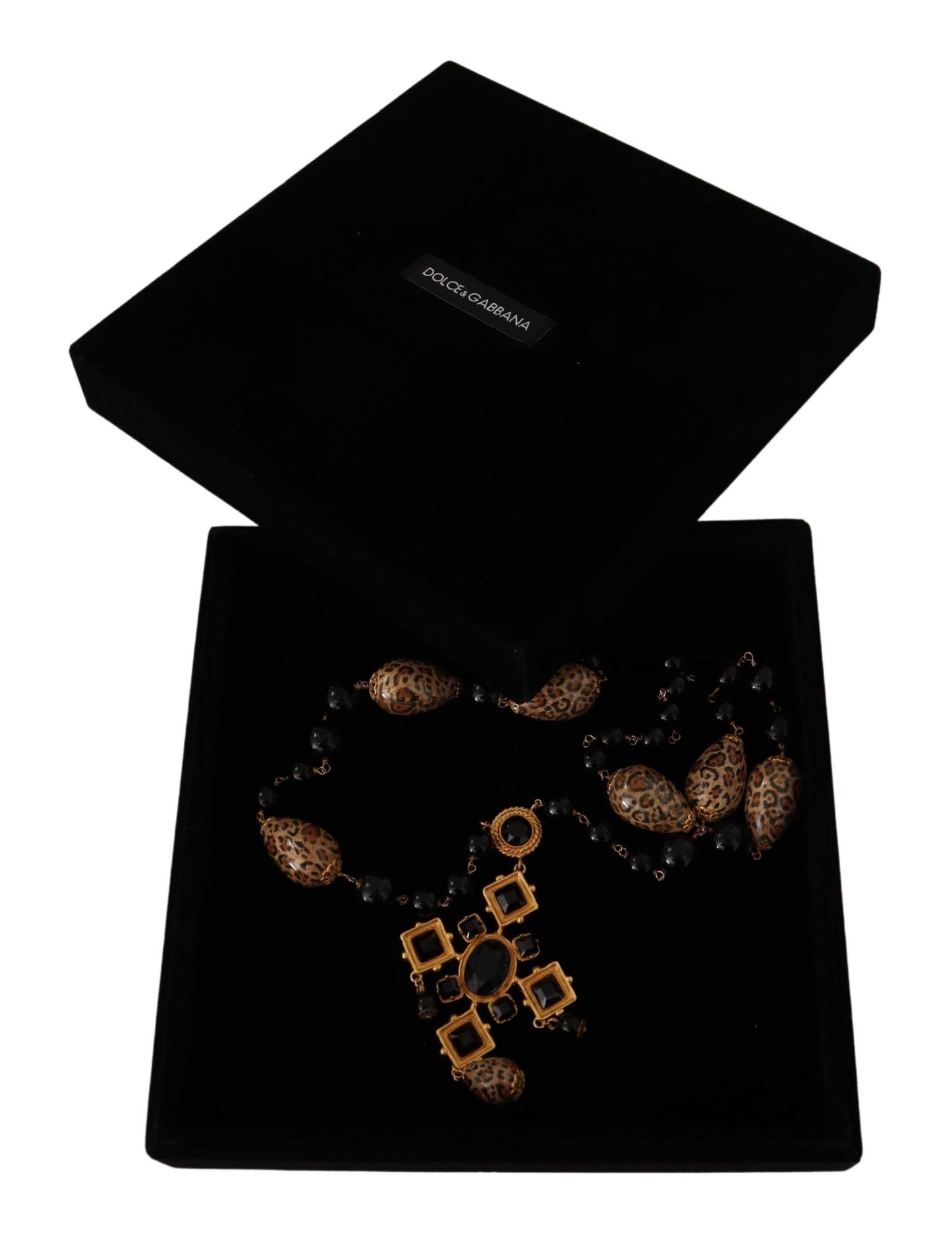 Dolce & Gabbana Gold Tone Brass Leopard Cross Chain Black Crystal Necklace