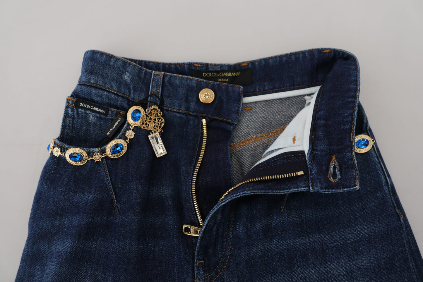 Dolce & Gabbana Blue Embellished Straight Denim Cotton Jeans