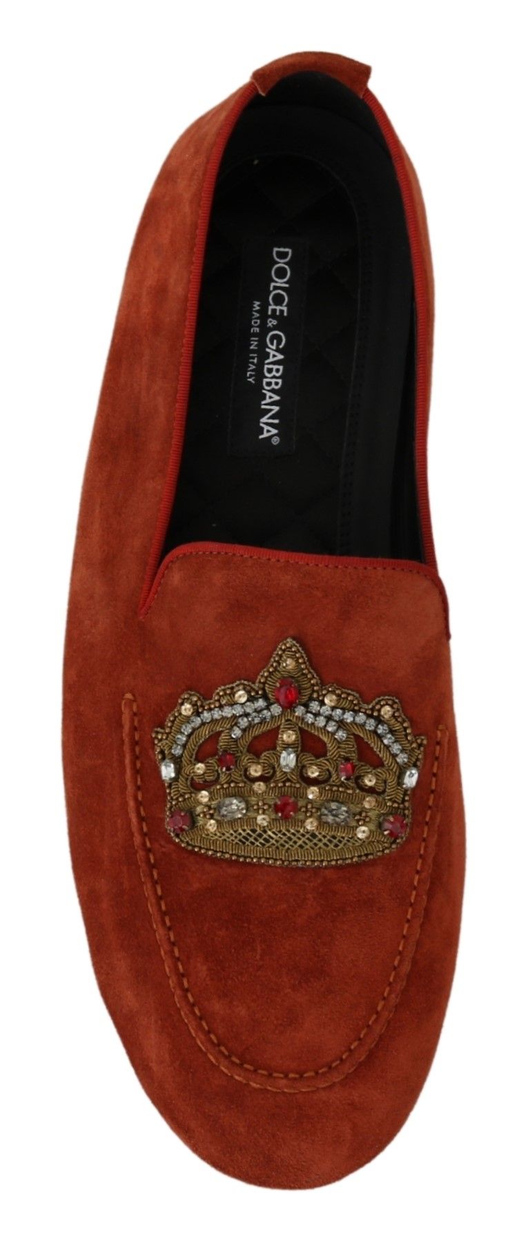 Dolce & Gabbana Orange Leather Moccasins Crystal Crown Slippers Shoes