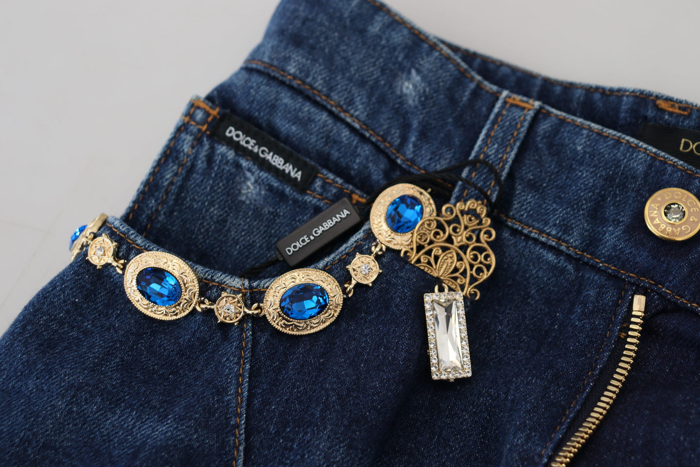 Dolce & Gabbana Blue Embellished Straight Denim Cotton Jeans