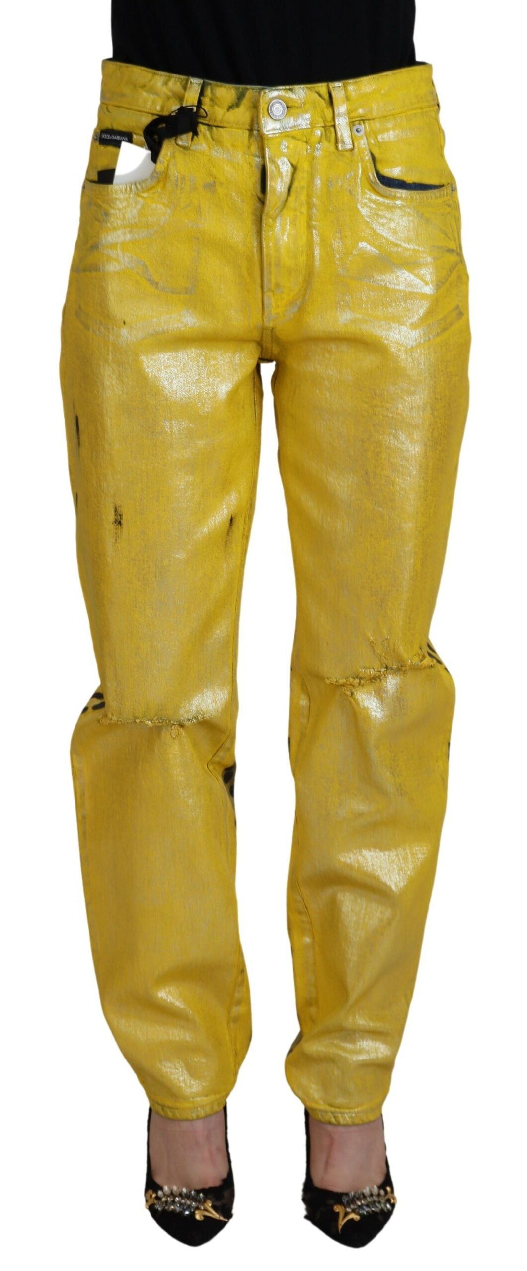 Dolce & Gabbana Yellow Leopard Cotton Straight Denim Jeans