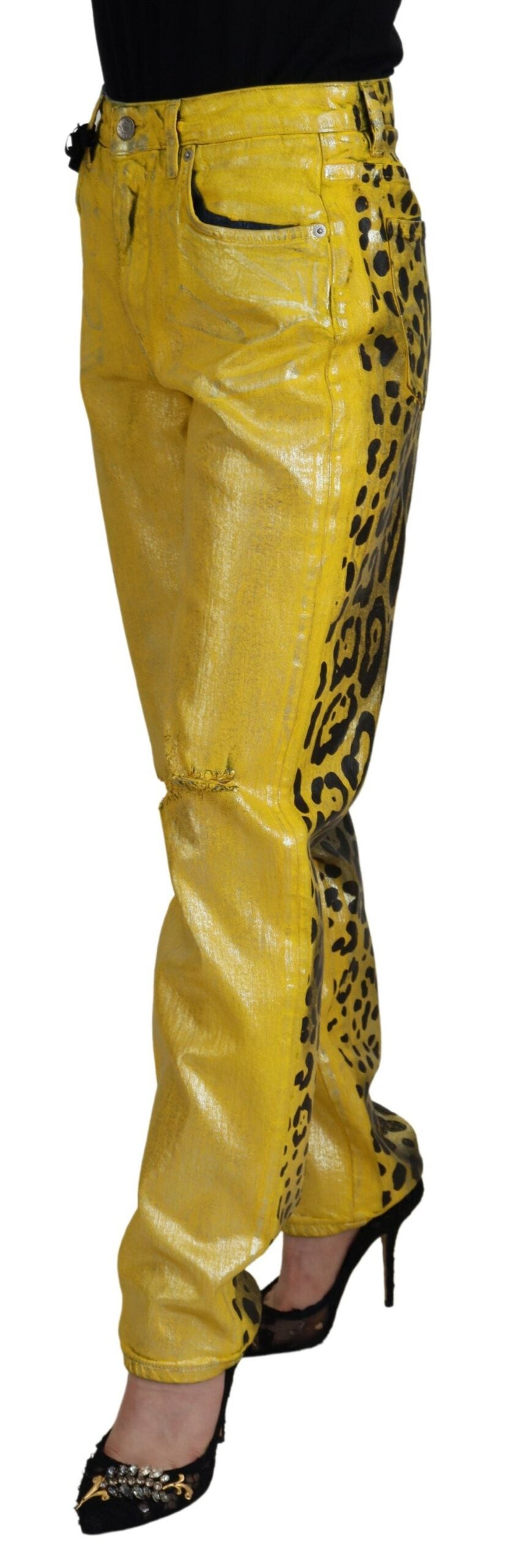 Dolce & Gabbana Yellow Leopard Cotton Straight Denim Jeans