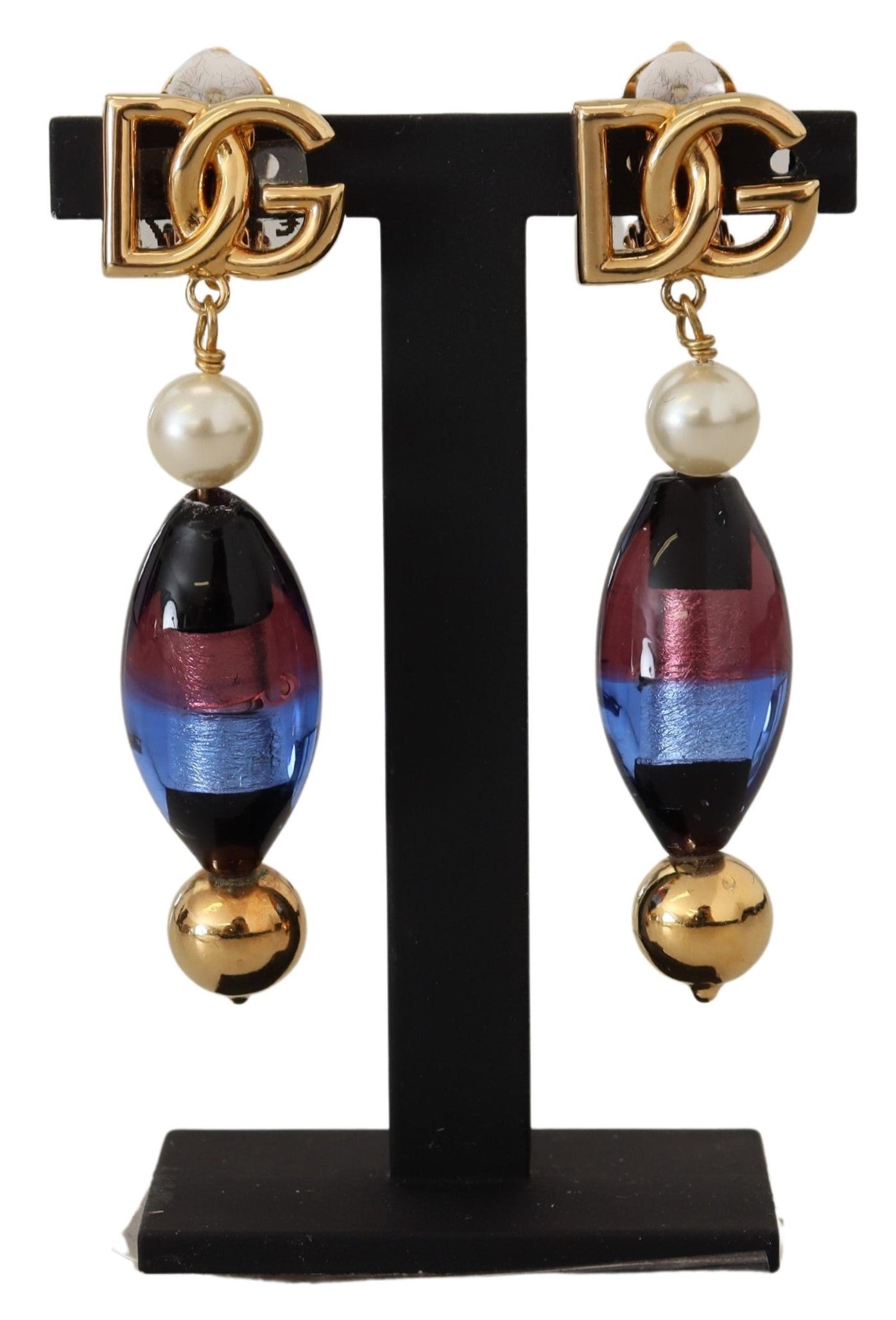 Dolce & Gabbana Gold Plated Brass Glass Design Dangling Earrings