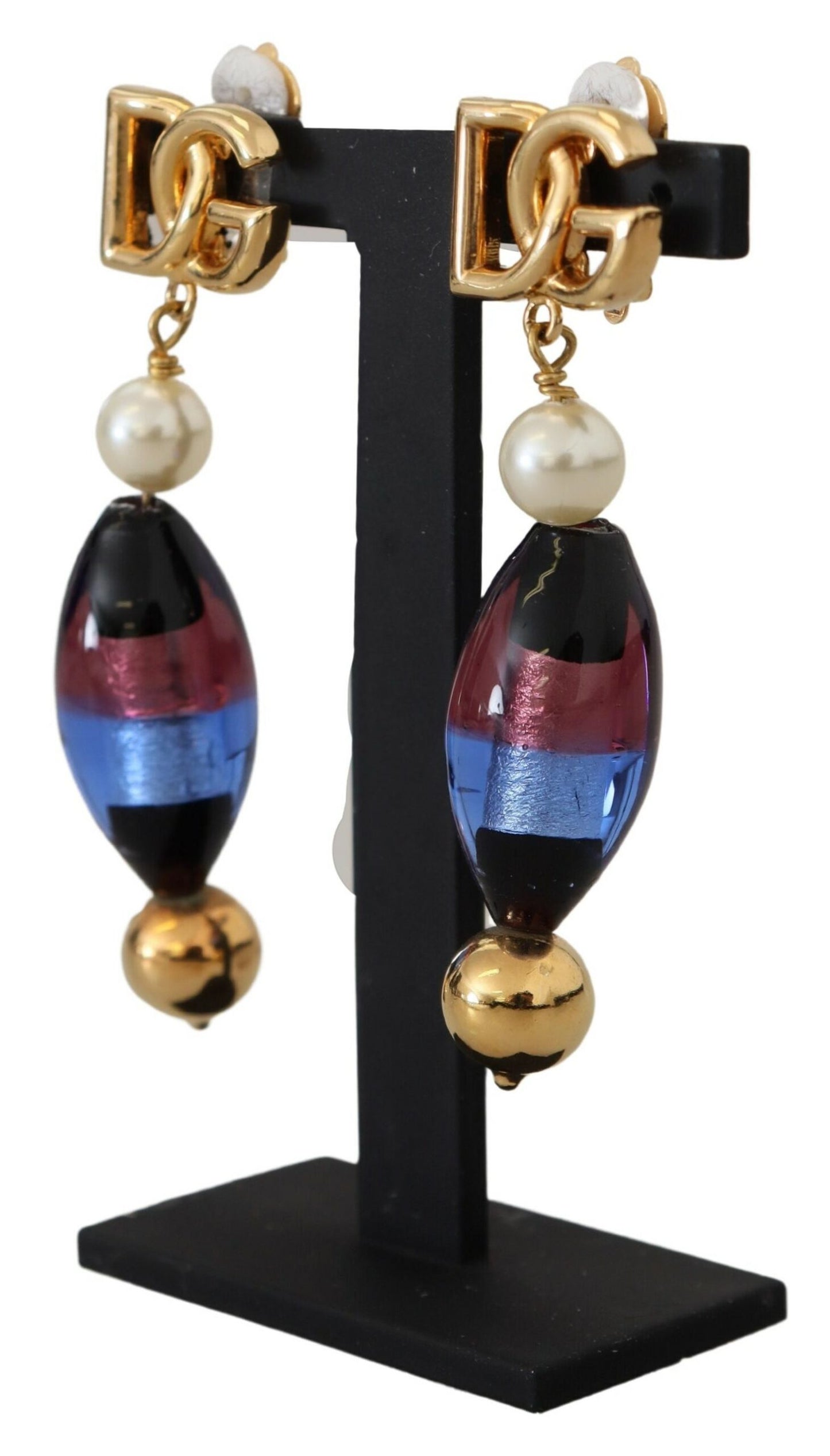 Dolce & Gabbana Gold Plated Brass Glass Design Dangling Earrings